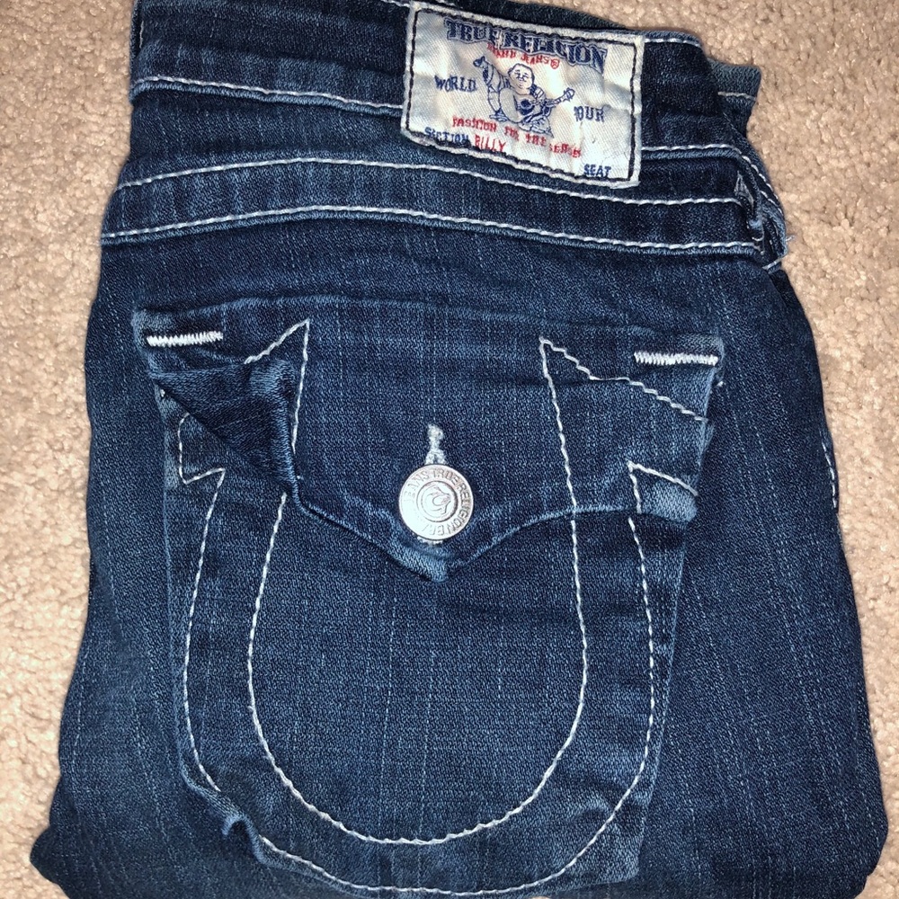 True religion blue jeans with white accents